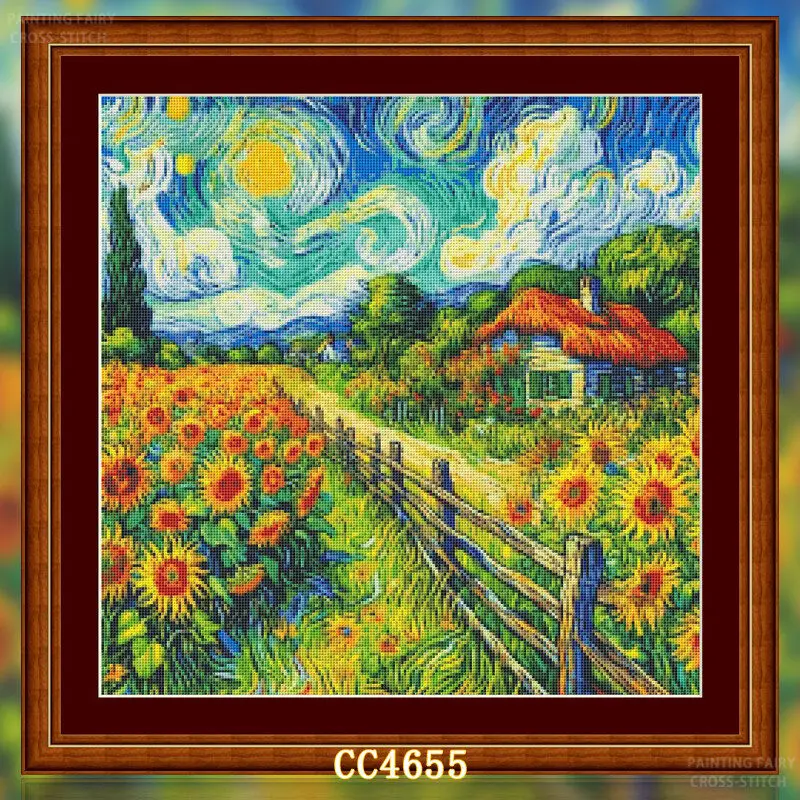 Cross Stitch Stamped Kits Beginners - [[CC4656-Van Gogh Serisi Ayçiçeği Çiftliği] Yeni