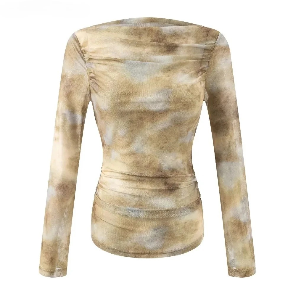 Embroidery - 2025 Seksi Tie-Dye Baskılı Büzgülü Omuzlu