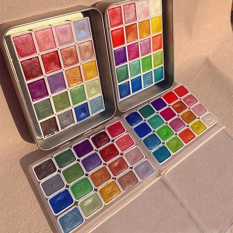 Watercolor Paint Set Solid Pigment - Sedefli Boyalar Taşınabilir 20 Renk Katı
